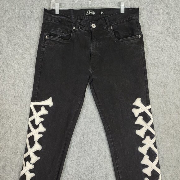 AHP Another Hype Piece Jeans Mens 34x31 Black Slim Straight Pant Crossbones Flaw - Picture 3 of 12